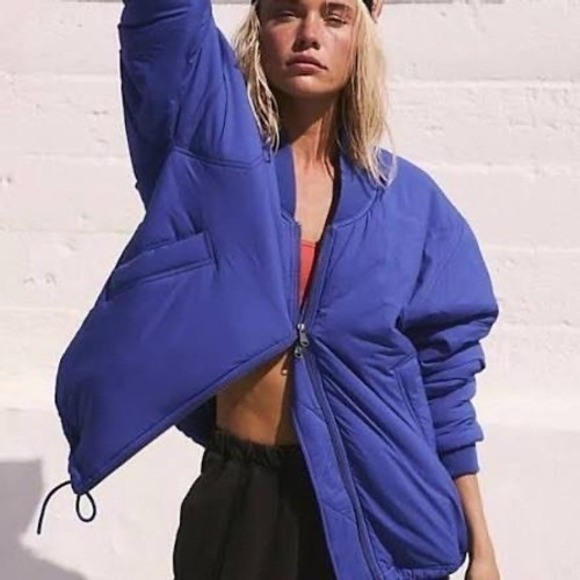FREE MOVEMENT Royal Blue Puffer Bomber Jacket Ribbed Collar Size M NWOT $168